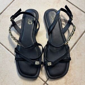 GBG Los Angeles Black Sandals with Gold Accents